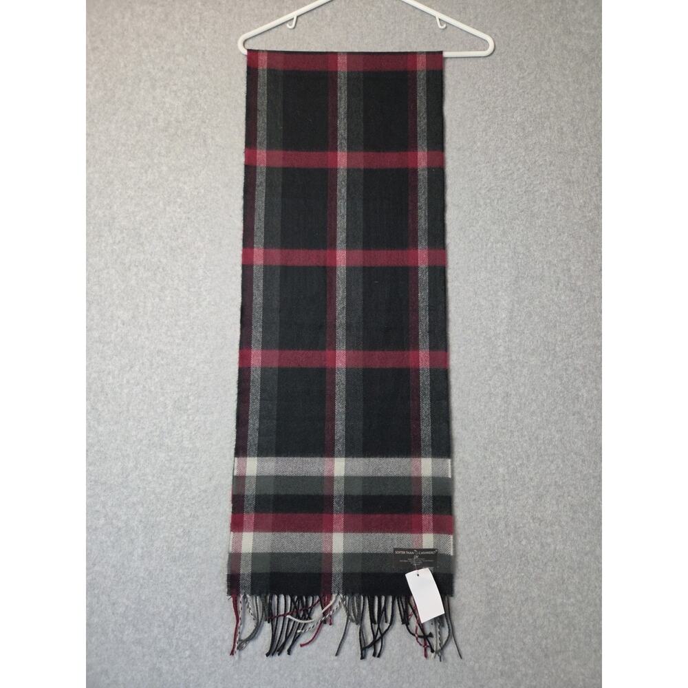 NWT D&Y Softer Than Cashmere Gray Burgundy Plaid Fringed Scarf Women's 12x64